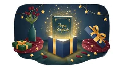 Gift box opening to reveal a glowing personalized storybook with magical light