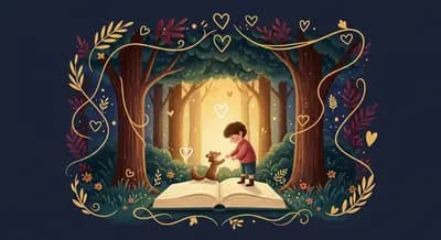Storybook illustration of a child helping a forest animal, symbolizing kindness
