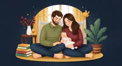 New parents with their baby surrounded by children's books in a nursery