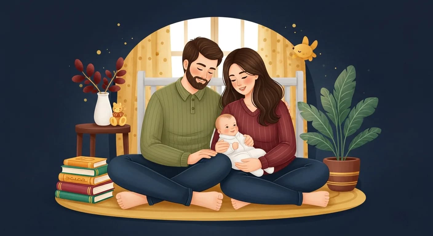 New parents with their baby surrounded by children's books in a nursery
