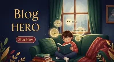 Child surrounded by glowing emotion faces while reading, representing emotional intelligence through stories