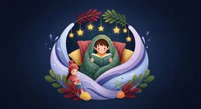 Anxious child finding comfort in a calming storybook surrounded by soothing blue and lavender waves