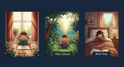 Daily reading routine showing a child reading at different times of day