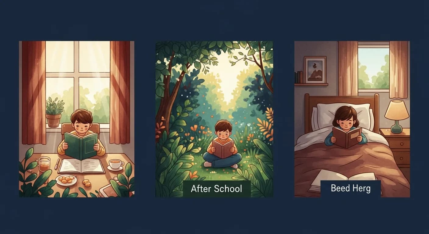 Daily reading routine showing a child reading at different times of day