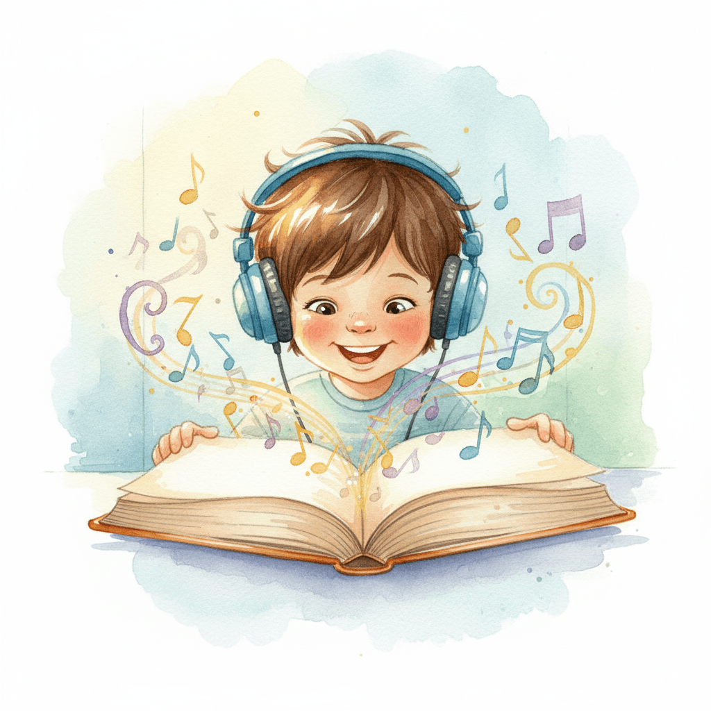 Child reading a book with headphones