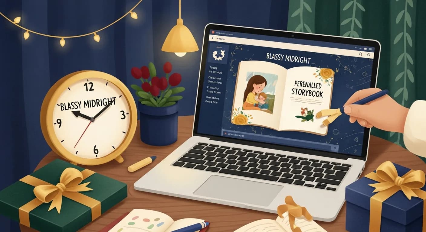 Last-minute personalized gift being created on a laptop with gift wrap ready