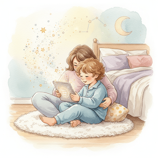 Watercolor illustration of child reading a magical book